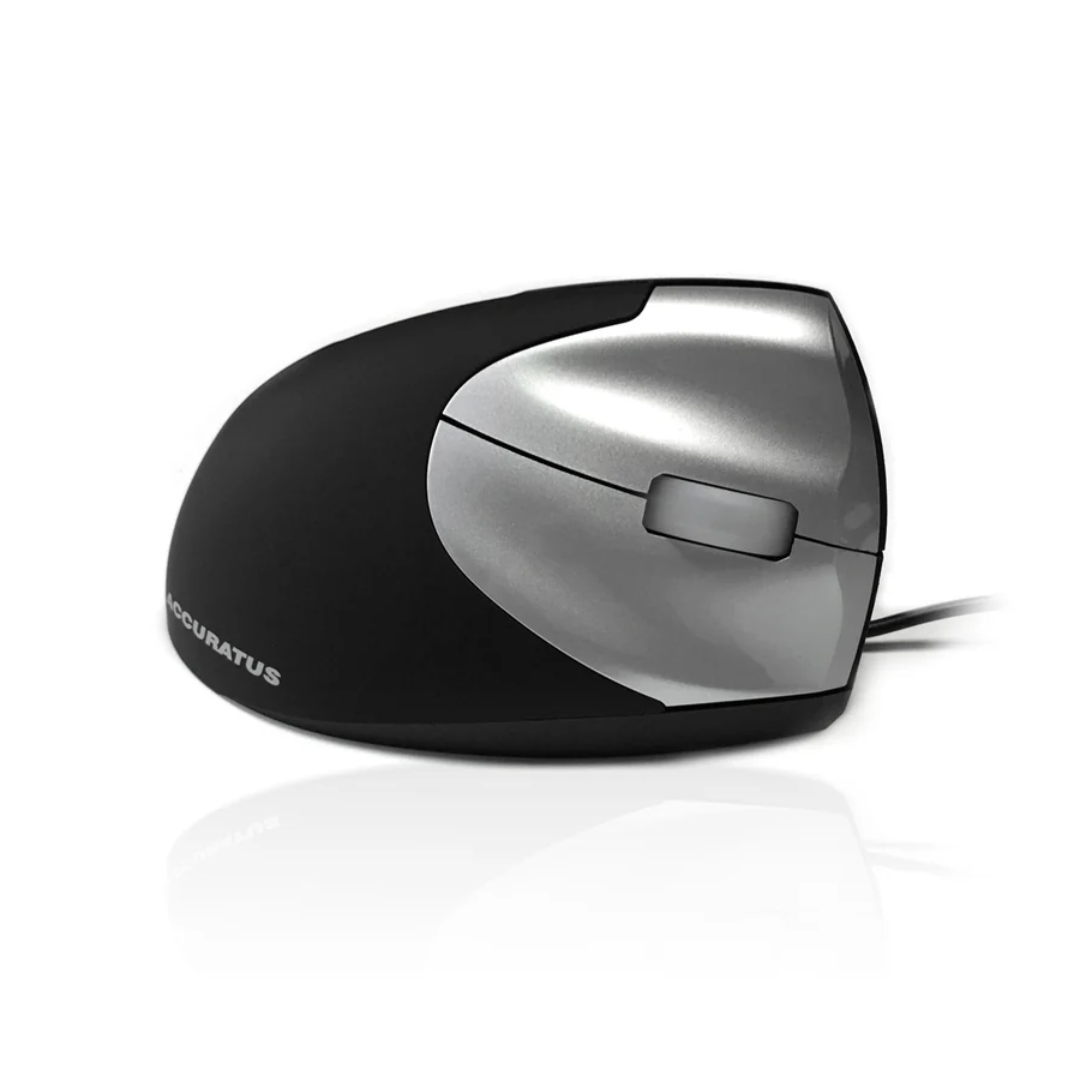 Healthy Home & Office - Black and silver ergonomic mouse on a white background