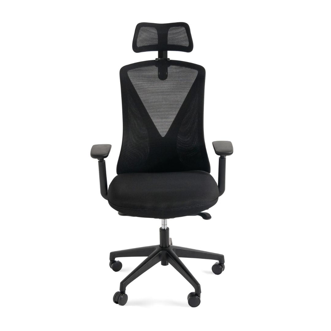 Healthy Home & Office - Black office chair with mesh back on a white background