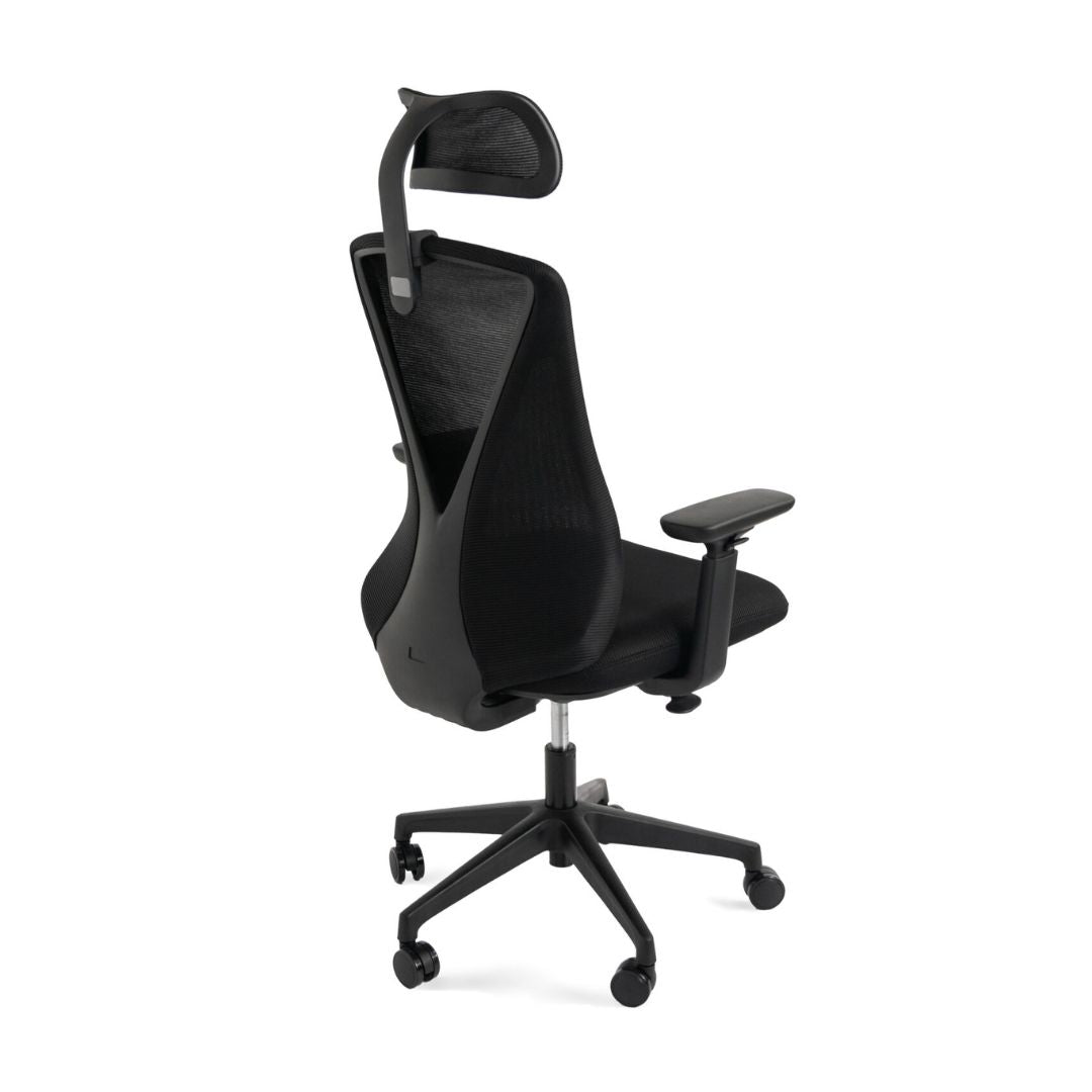 Healthy Home & Office - Black office chair with adjustable headrest on a white background