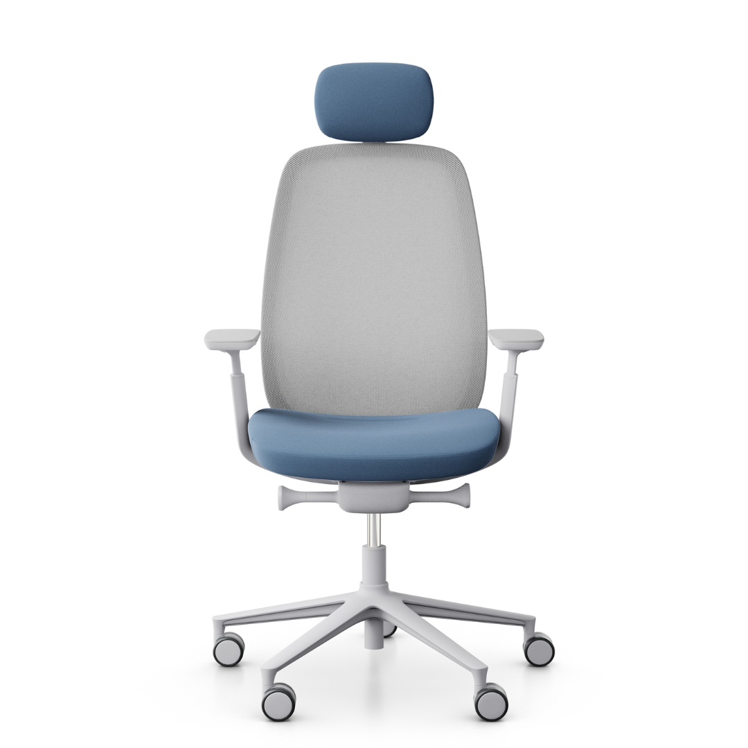 Healthy Home & Office - Pace Ergonomic office chair with grey backrest and blue seat and headrest on a white background
