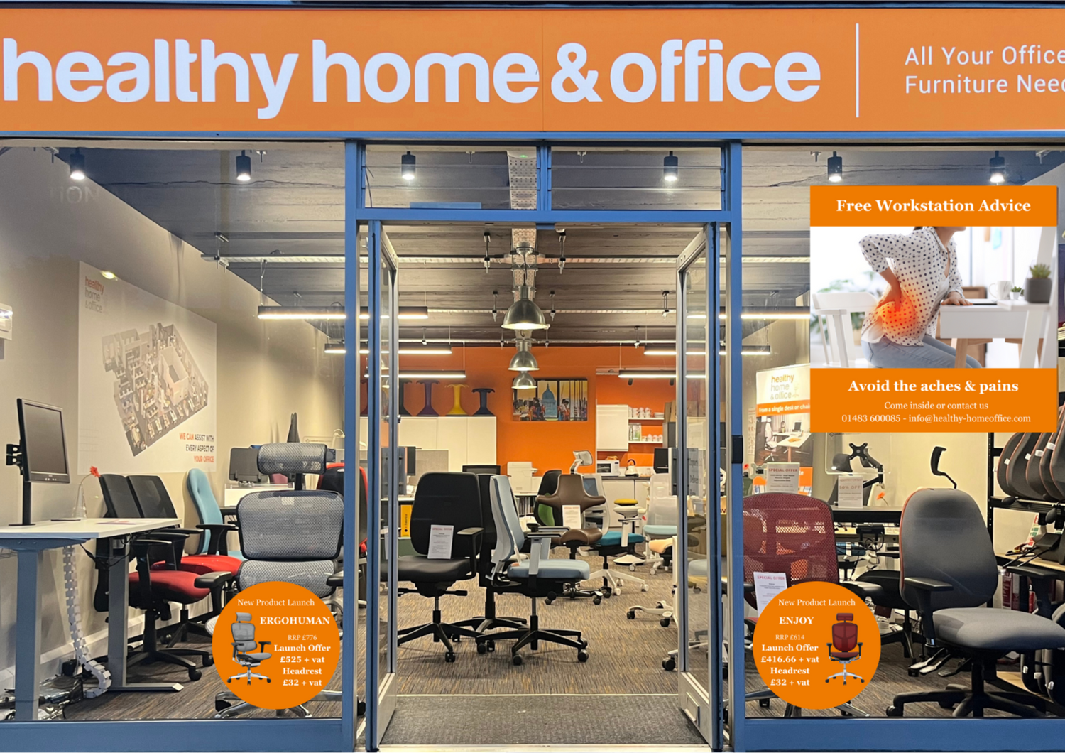Storefront of Healthy Home & Office with office furniture inside