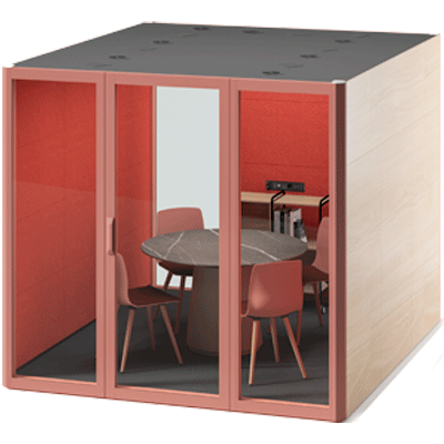 Healthy Home & Office - Qyos office pod with red interior and beige exterior, featuring a round table and chairs.