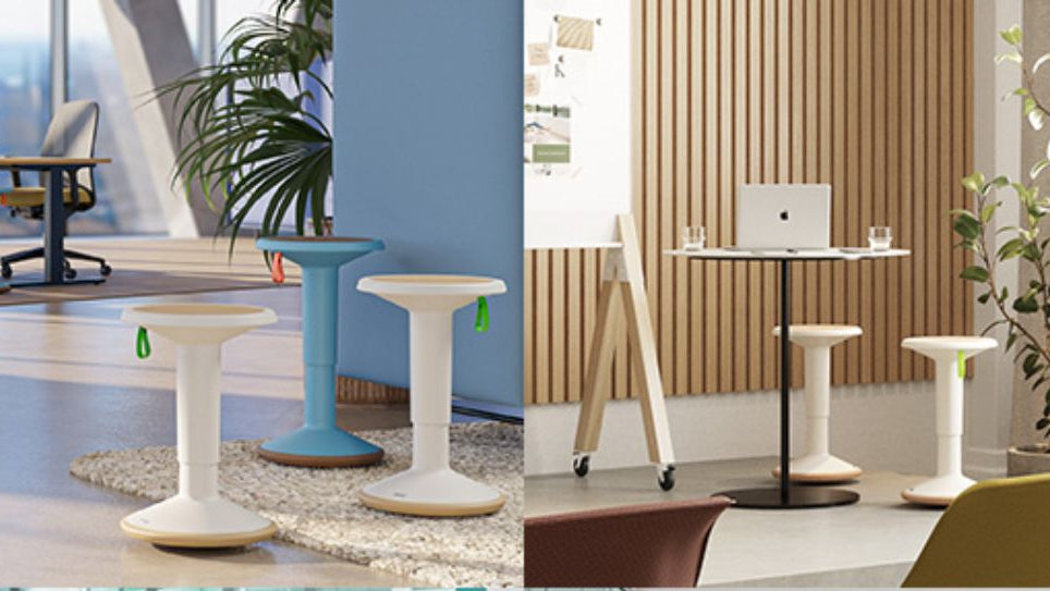Collage of office furniture including standing desks and chairs in various office settings.