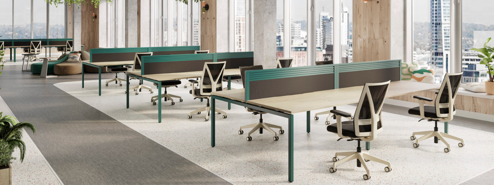 Healthy Home & Office - Modern office space with green and beige desks and chairs.