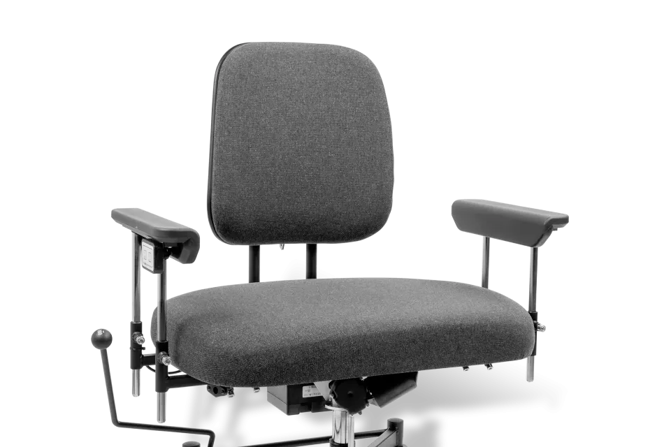 A dark gray upholstered office chair with a high back, armrests, a black five-star base, and dual-wheel casters, shown on a white background.