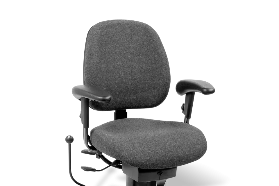 A dark gray fabric office chair with a black base, armrests, and casters, shown on a white background.