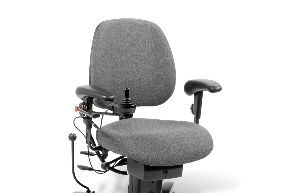 A gray upholstered motorized office chair with a black base, dual armrests, and a joystick control mounted on the backrest, shown on a white background.
