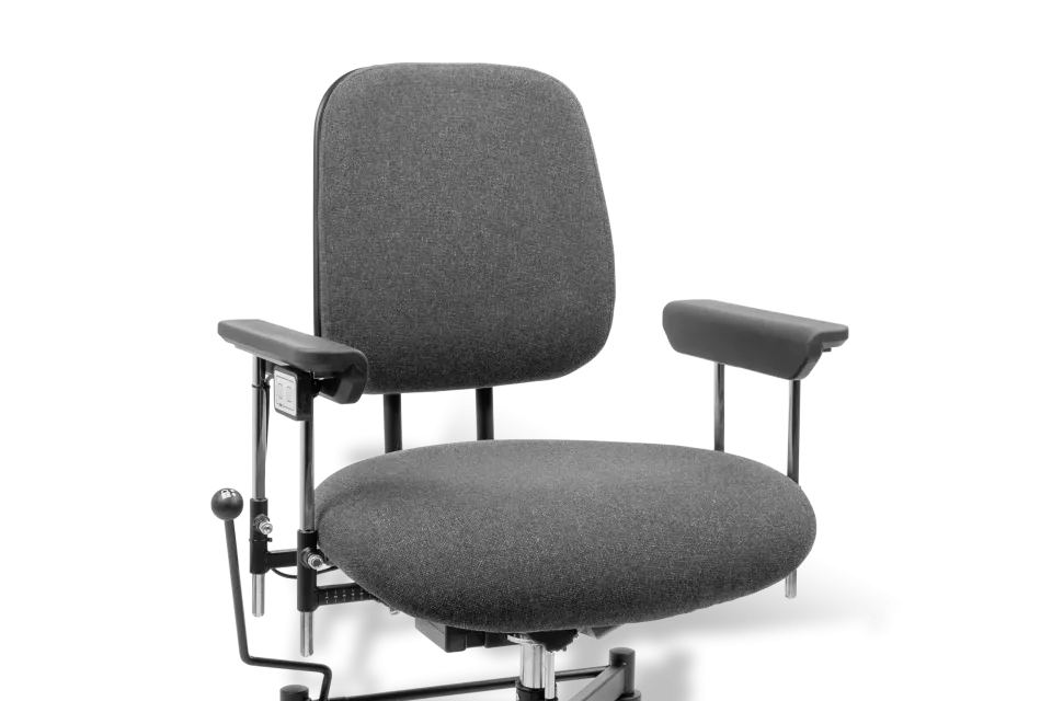 A dark gray fabric office chair with adjustable armrests, a high backrest, and a black five-wheel base on a white background.